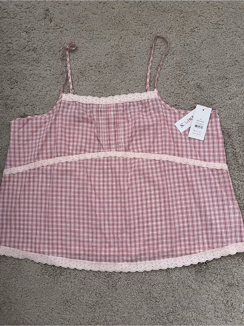Lace-Trim Pink Plaid Cami Chemise
